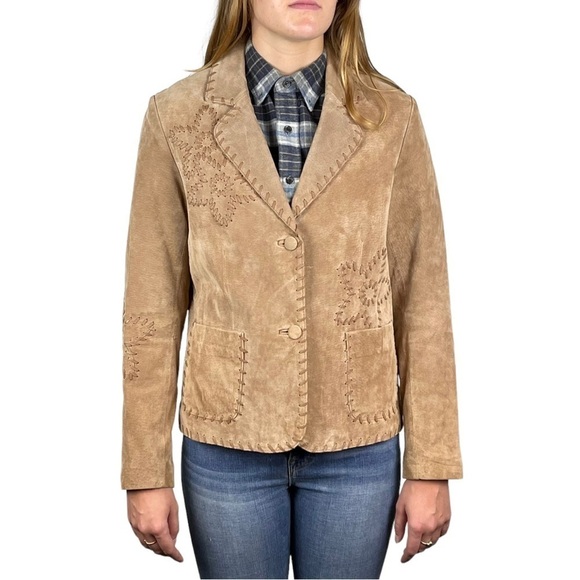 VINTAGE 90s DAISY SUEDE LEATHER BOHO HIPPIE BLAZER JACKET COLDWATER CREEK - Picture 1 of 13
